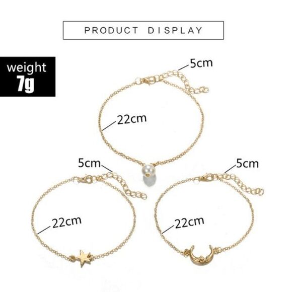 Bohemian Moon Star Pearl Gold Anklet - 3 piece - Picture 5 of 10